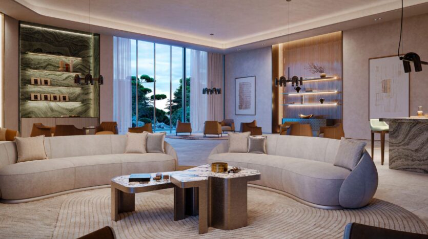 Modern living room with two curved beige sofas, marble coffee tables, large floor-to-ceiling windows, abstract wall art, built-in shelves, mood lighting, and a neutral color palette highlighting natural materials and touches of hado-inspired design.