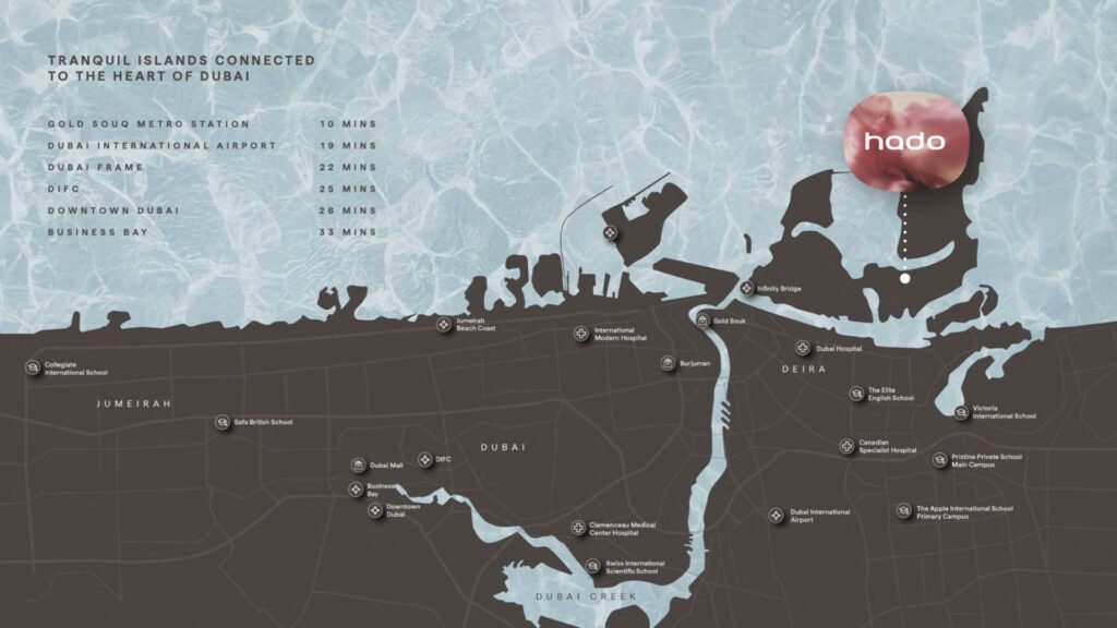 Map showing travel times between Hado's location in Dubai and key destinations, including metro stations, the airport, Dubai Frame, DIFC, Downtown Dubai, and Business Bay, with urban areas and major roads clearly marked.