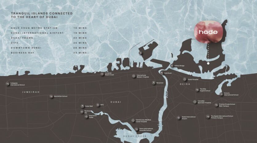 Map showing travel times between Hado's location in Dubai and key destinations, including metro stations, the airport, Dubai Frame, DIFC, Downtown Dubai, and Business Bay, with urban areas and major roads clearly marked.