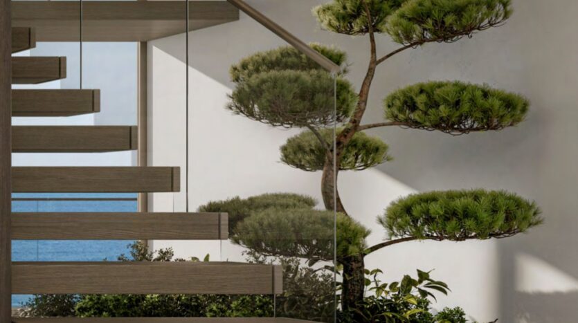 A modern floating staircase made of wood with a glass railing, inspired by Hado design principles, stands next to a carefully pruned pine tree, similar to a bonsai, near a large window offering a view of the ocean and blue sky.