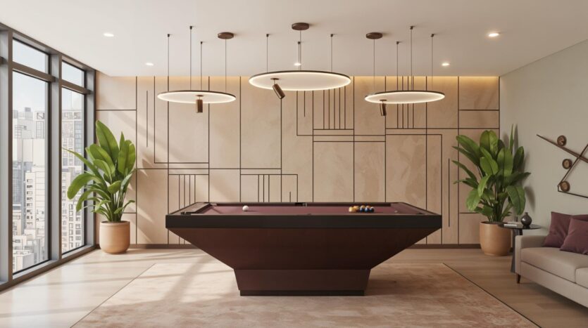 A modern room with a stylish Holm One pool table in the center, geometric wall panels, large windows overlooking the city, potted plants, contemporary lighting, and a beige sofa in the corner.