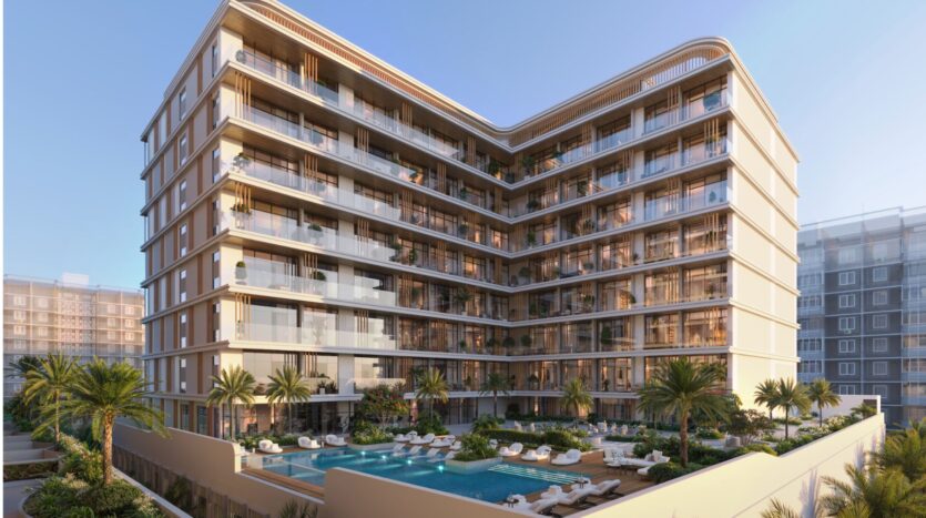 Holm One, a modern multi-story building, features large balconies surrounding a central courtyard with an outdoor pool, sun loungers, and palm trees under a clear blue sky.