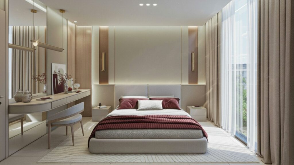 A modern, minimalist bedroom with a large Holm One bed, neutral-toned bedding, a dark red throw, floor-to-ceiling windows with sheer curtains, a vanity unit with a mirror, and soft mood lighting.