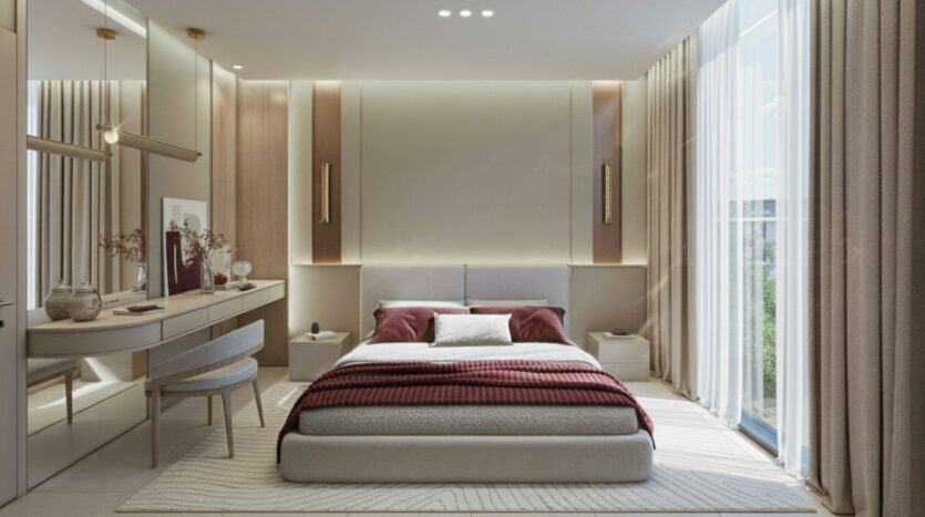A modern, minimalist bedroom with a large Holm One bed, neutral-toned bedding, a dark red throw, floor-to-ceiling windows with sheer curtains, a vanity unit with a mirror, and soft mood lighting.