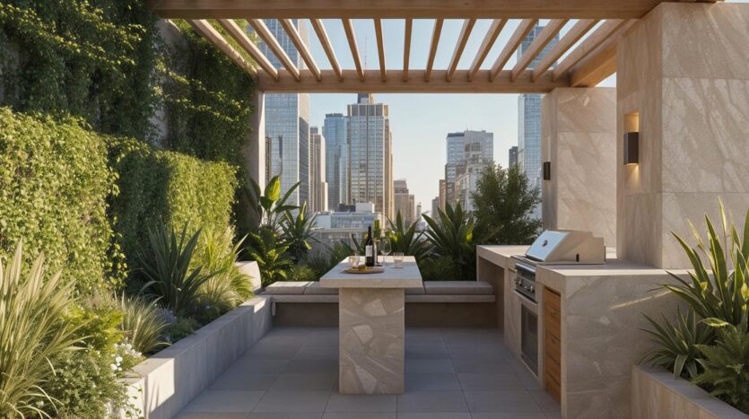 A modern rooftop patio at Holm One features a stone dining table, built-in grill, lush green plants, and a wooden pergola, with views of the city skyline with tall buildings under clear skies.