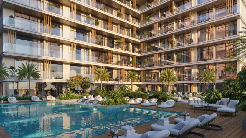 The modern Holm One building, with its large bay windows, overlooks a swimming pool surrounded by sun loungers, palm trees, and lush greenery on sunny days.
