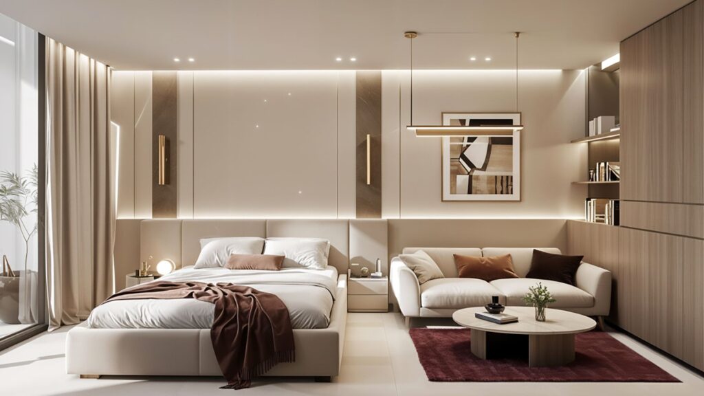 A modern, minimalist bedroom featuring a Holm One bed, a white sofa, a round coffee table on a burgundy rug, and built-in shelves. Soft lighting and neutral tones create a comfortable and elegant atmosphere.