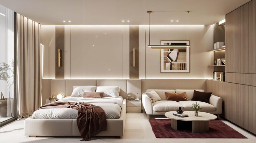 A modern, minimalist bedroom featuring a Holm One bed, a white sofa, a round coffee table on a burgundy rug, and built-in shelves. Soft lighting and neutral tones create a comfortable and elegant atmosphere.