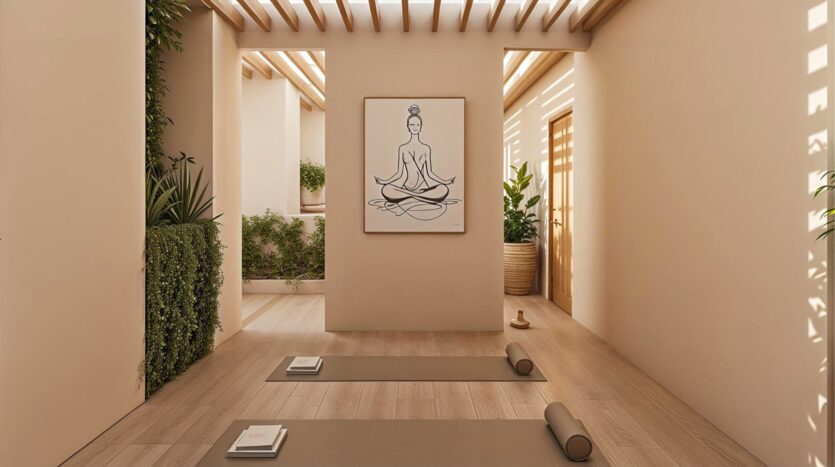 Minimalist yoga studio by Holm One with neutral tones, two yoga mats with bolsters and books, a large drawing of a meditating figure on the wall, wooden floors, skylights, greenery, and soft natural light.
