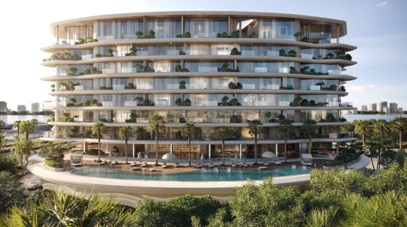 Lia's modern, multi-story luxury building features large balconies and lush greenery, overlooking a curved swimming pool lined with palm trees, with the city's buildings visible in the background.