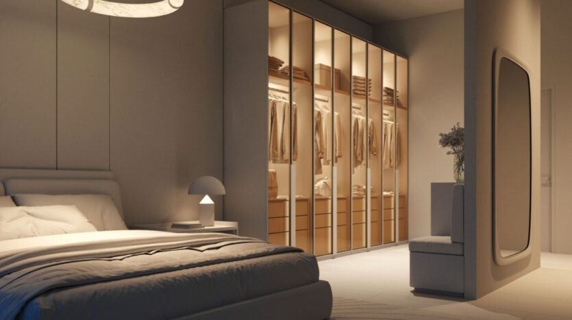 A modern bedroom with a neatly made bed, a small bedside table with a lamp, and Lia's large open wardrobe with organized clothes and shelves. Soft lighting creates a comfortable and minimalist atmosphere.