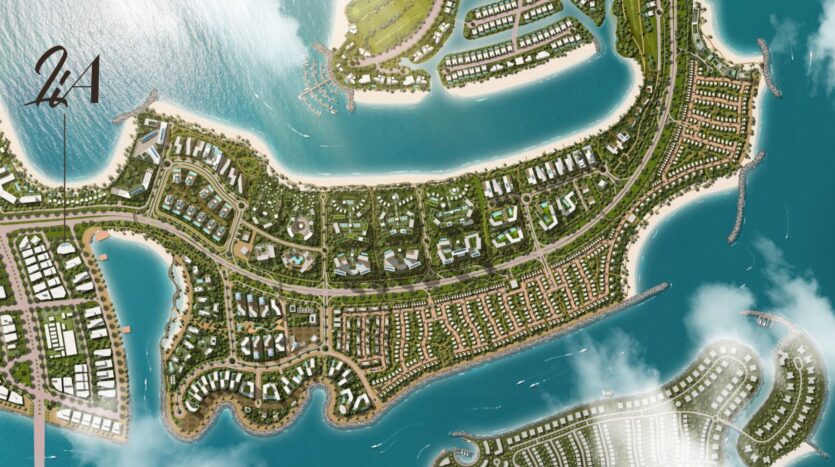 Aerial view of the Lia coastal residential development with winding roads, houses, green spaces, and marinas surrounded by blue water on several peninsulas. The number "24" is shown in the upper left corner.
