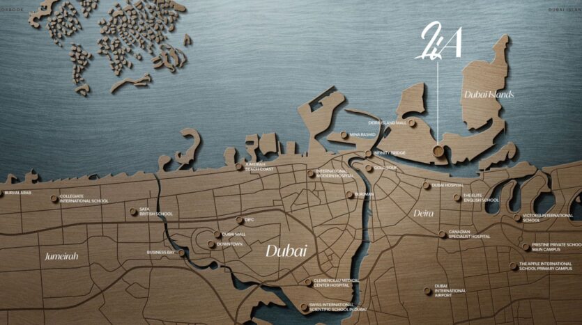 A stylized wooden map of the Dubai coastline highlights the Dubai Islands, labeled "2A," as well as Lia, the surrounding neighborhoods, and international schools throughout the city. The sea is depicted in silvery gray tones above the coastline.