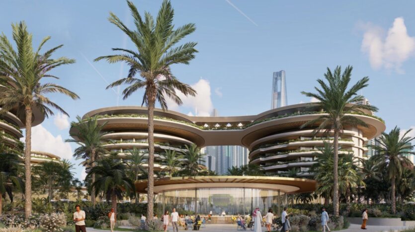 A modern, futuristic building with curved edges and lush gardens, The Edition is surrounded by palm trees. People stroll and sit at outdoor tables in the foreground, while tall skyscrapers rise in the background under a blue sky.