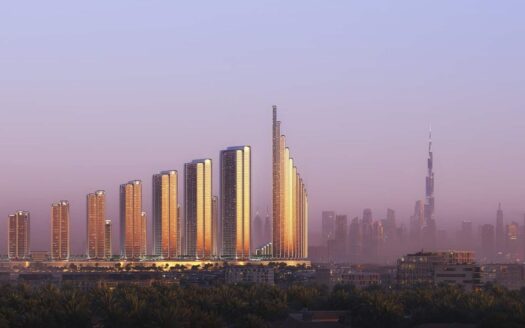 Une rangée de gratte-ciel modernes brille dans la lumière dorée du soleil au crépuscule, avec le Binghatti et le Burj Khalifa qui ornent l'horizon de la ville de Dubaï à l'arrière-plan brumeux sous un ciel rose-violet - une annonce extraordinaire.