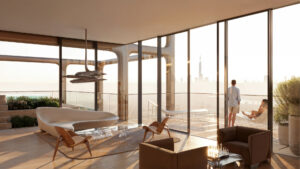 Ein modernes, sonniges Wohnzimmer mit raumhohen Fenstern und Blick auf die Skyline der Stadt. Während ein Mann auf dem Balkon steht und eine Frau sich in einer Hängematte entspannt, denken Sie daran: Der Zahlungsplan in Dubai sollte nicht das einzige Kriterium sein. Eine zeitgemäße Einrichtung rundet den Raum ab.