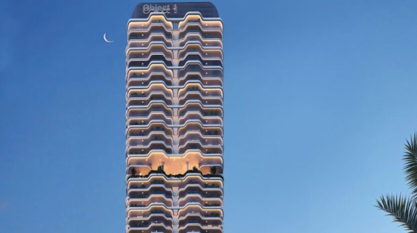 A modern skyscraper, Alta View, with undulating, illuminated balconies, stands out against a clear blue sky at dusk. A crescent moon is visible on the left, and palm leaves appear in the corner. The building displays "Object 1" at the top.