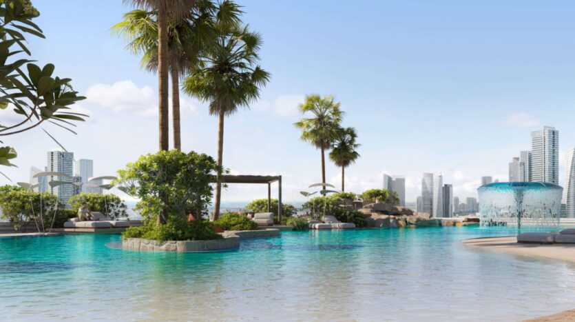The luxurious outdoor pool at Alta View is adorned with palm trees, lush vegetation, a shaded seating area, and a fountain, all set against a backdrop of skyscrapers and blue skies.