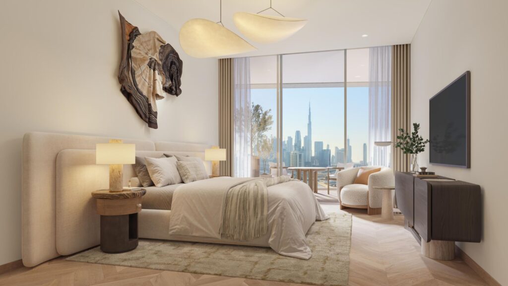 Modern bedroom featuring a large bed, stylish lamps, and abstract wall art that showcases true artistic flair. Floor-to-ceiling windows offer views of the city skyline, while light decor and minimalist furnishings create a comfortable and elegant atmosphere.