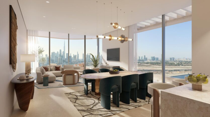 The modern, open-plan living and dining room, featuring large windows offering views of the city, is enhanced by elegant furnishings, contemporary lighting, and neutral-toned décor. Natural light fills this spacious and stylish room.