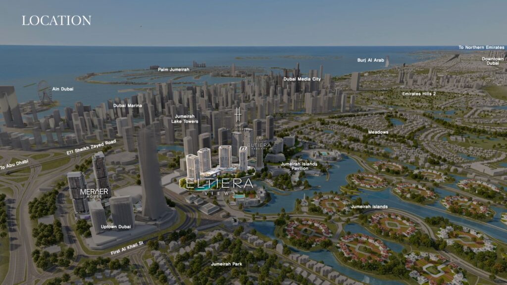 Aerial view of a modern urban landscape, including Eltiera Views, with landmarks such as Marina, Jumeirah Islands, JLT, Media City, Downtown Dubai, Palm Jumeirah, and various residential and commercial areas near the coast.