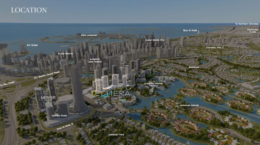 Aerial view of a modern urban landscape, including Eltiera Views, with landmarks such as Marina, Jumeirah Islands, JLT, Media City, Downtown Dubai, Palm Jumeirah, and various residential and commercial areas near the coast.