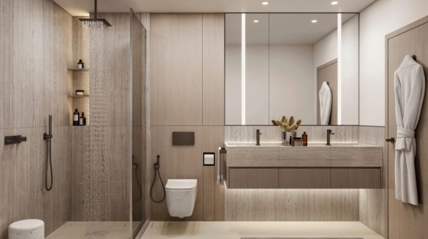 Modern bathroom at Eltiera Views with walk-in shower, double sink, large mirror, wall-mounted toilet, light wood and stone finishes, shelves with toiletries, and bathrobe hanging on the door.