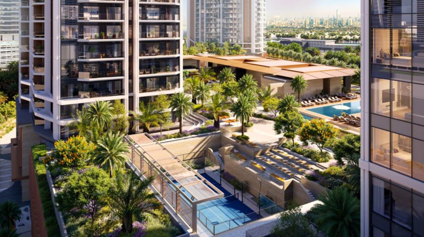 Eltiera Views is a modern residential complex featuring tall glass buildings, lush landscaped gardens, palm trees, a sparkling swimming pool with sun loungers, and a tennis court, all set in a sunny urban environment with the city skyline beyond.