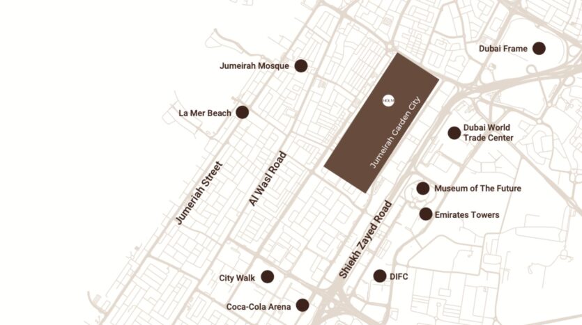 A simplified Linea map of Dubai highlights points of interest such as Jumeirah Mosque, La Mer Beach, City Walk, Coca-Cola Arena, Jumeirah Garden City, Museum of the Future, Emirates Towers, DIFC, Dubai World Trade Center, and Dubai Frame.