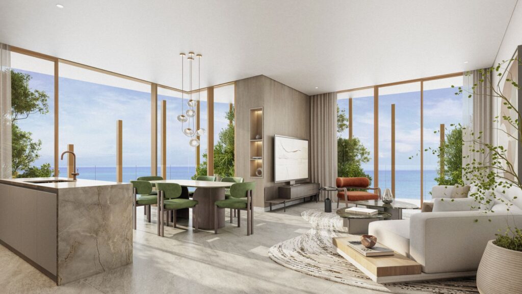 A modern, open-plan living and dining area with floor-to-ceiling windows, ocean views, green chairs, a white sofa, accent lighting, marble surfaces, and lush plants, filled with natural light and inspired by Kanyon's effortless elegance.