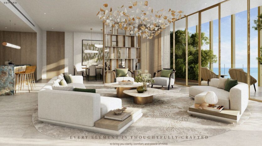 A living room inspired by Kanyon with a large chandelier.