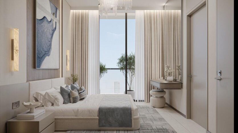 A modern, minimalist bedroom with a large window, neutral and light tones, a Linea bed with pillows and throws, abstract wall art, two potted plants, a dressing table with a round stool, and soft natural lighting.
