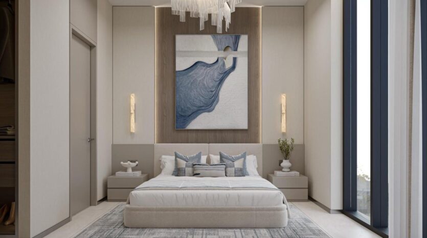 Modern bedroom with neutral tones, a Linea bed with blue and white pillows, a blue abstract artwork above the headboard, wall lamps, side tables with decorative items, and floor-to-ceiling windows on the right.