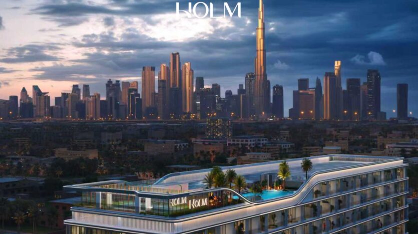 A modern Linea building with a rooftop pool and palm trees in the foreground, with the Dubai skyline and Burj Khalifa at sunset in the background, with the inscription "HOLM" at the top of the image.