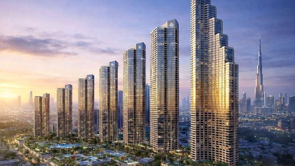 Una fila di grandi grattacieli moderni con facciate in vetro riflette la luce del sole al tramonto nel cuore di Mercedes Benz City. Lo skyline è costituito da grattacieli, con l'iconico Burj Khalifa sullo sfondo e il verde sottostante.