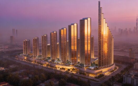 A row of tall modern glass skyscrapers glows with golden reflections at sunset in Mercedes Benz City, in a hazy cityscape with other skyscrapers in the background.
