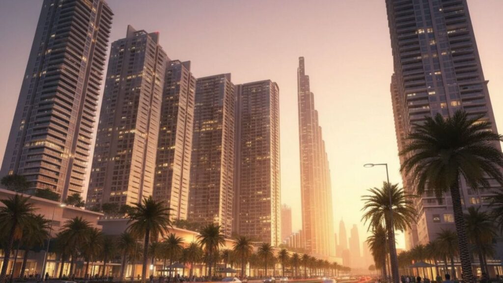 A city street lined with tall modern skyscrapers and palm trees at sunset, the warm sunlight illuminating the buildings of Mercedes Benz City and creating a golden glow in the urban landscape.