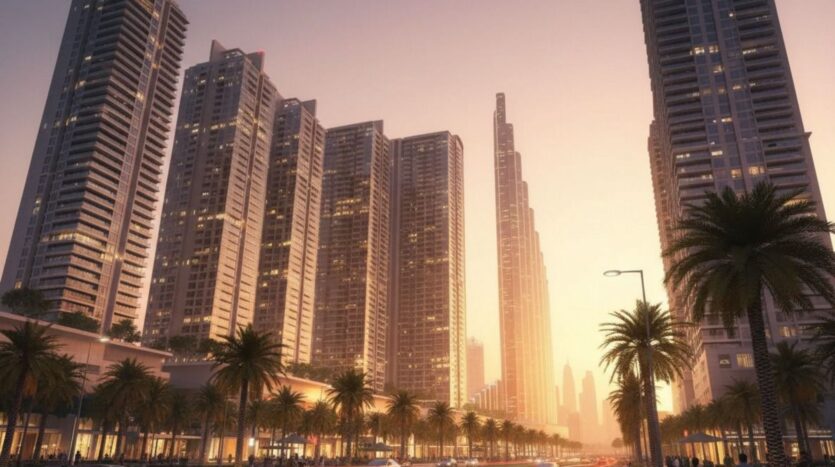 A city street lined with tall modern skyscrapers and palm trees at sunset, the warm sunlight illuminating the buildings of Mercedes Benz City and creating a golden glow in the urban landscape.
