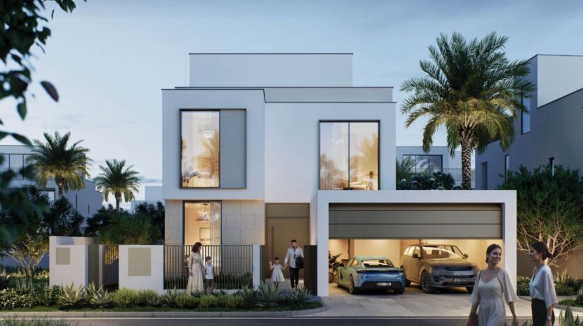Modern two-story house in The Heights with large windows, palm trees, and a landscaped front yard. Two cars are parked in the open garage. A family of four stands near the entrance, while a woman walks by on the sidewalk, smiling.