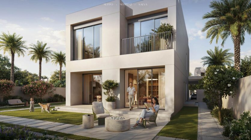A modern two-story house in The Heights, surrounded by palm trees and greenery, features large windows. A woman sits near the fireplace, while a man stands nearby; two children and a dog play on the lawn under clear skies.