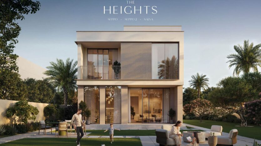A modern two-story house with large bay windows is nestled amid green lawns and palm trees. A man and a child are walking outside while a woman relaxes at a garden table. The words "The Heights" are displayed at the top of the page, capturing the elegance of this serene setting.