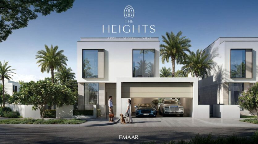 Modern luxury villa in The Heights with two floors, large windows, and a spacious driveway that can accommodate two high-end cars. Two people and a dog stand outside. Palm trees and lush vegetation surround this stunning Emaar residence.
