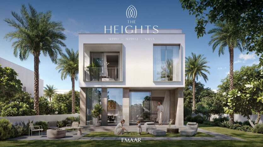Modern two-story villa with large bay windows, outdoor seating, and people relaxing in the garden. Palm trees and greenery surround the house, embodying the serene lifestyle of The Heights. The words "The Heights" and "Emaar" appear on the image.