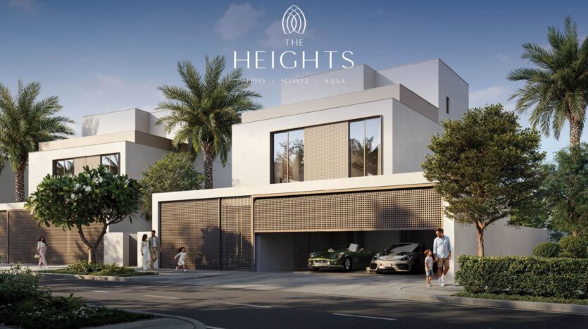 Modern luxury villa in The Heights with large windows, flat roofs, and a spacious driveway with two cars parked. People are walking around the lush property lined with palm trees. The text reads "The Heights."