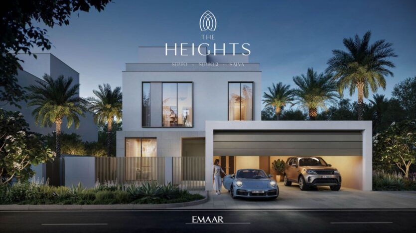 Modern luxury home at dusk with palm trees, large windows, and a double garage. A black sports car and a white SUV are parked in the driveway. The "The Heights" logo enhances the scene, with "Emaar" underneath for a touch of prestige.