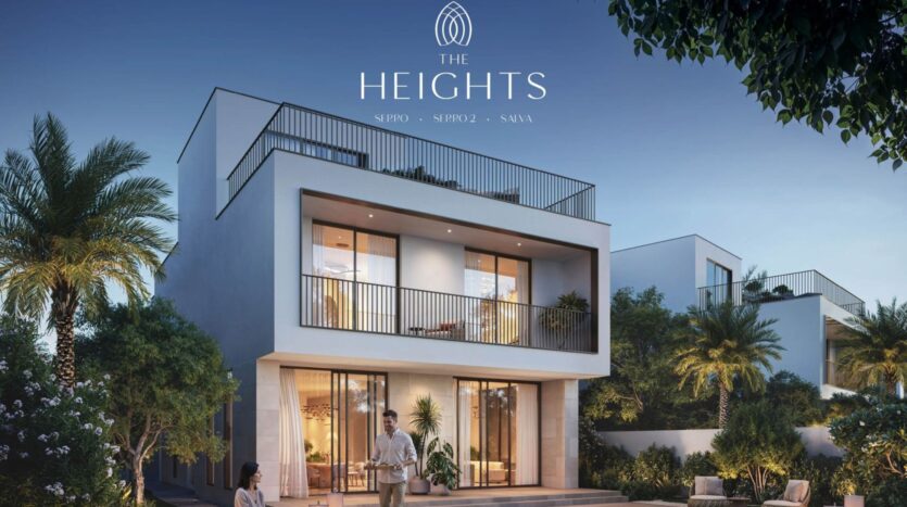 Modern two-story villa with large windows, balconies, and lush greenery. A couple stands near the patio, while "The Heights" is displayed above, emphasizing the bright, upscale atmosphere of this exclusive residence.