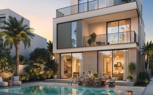 Moderna casa de dos plantas en The Heights, con grandes ventanales, balcón y asientos al aire libre junto a la piscina. Palmeras y exuberante vegetación rodean la zona mientras la gente se relaja junto a la piscina al atardecer.
