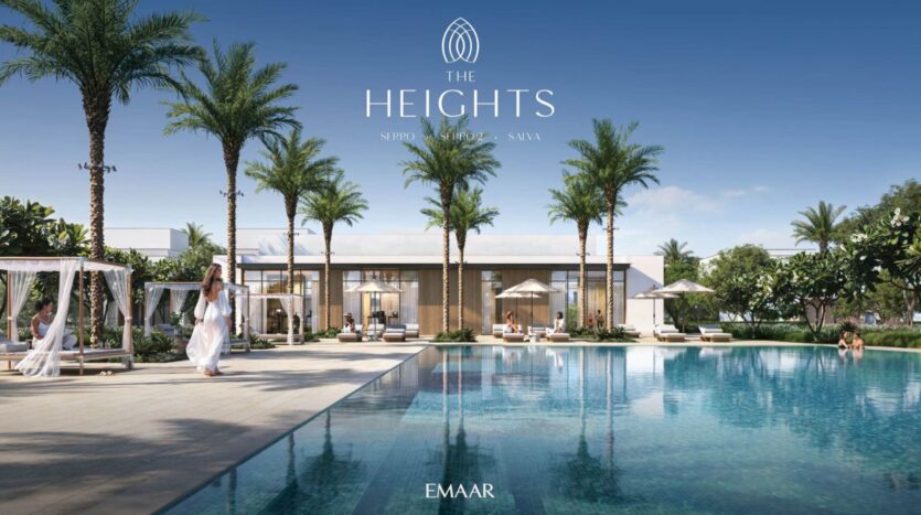 Discover the epitome of relaxation at The Heights, where a luxurious pool unfolds amid palm trees, modern cabanas, and contemporary architecture, all under a clear blue sky.