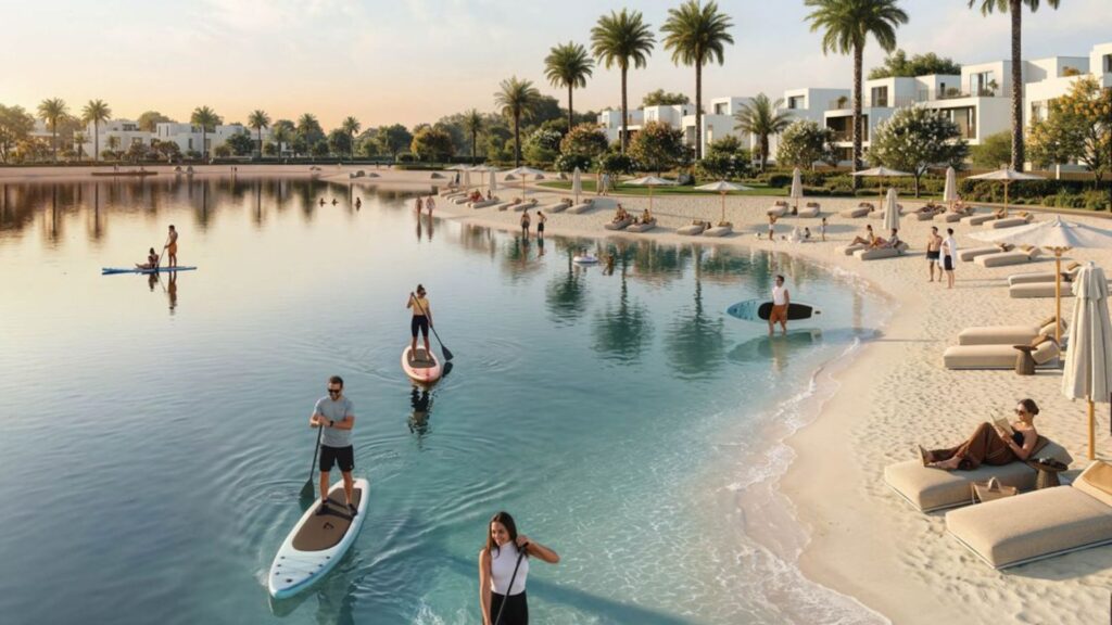 People are paddleboarding and relaxing on a sandy beach by calm waters in The Heights, with modern white buildings, palm trees, and lounge chairs in the background under a clear sky.