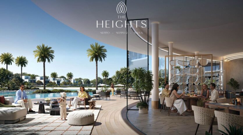A modern outdoor lounge where guests can relax and dine beside a large swimming pool, palm trees, and sleek contemporary buildings under clear skies. The Heights logo is displayed at the top of the image.